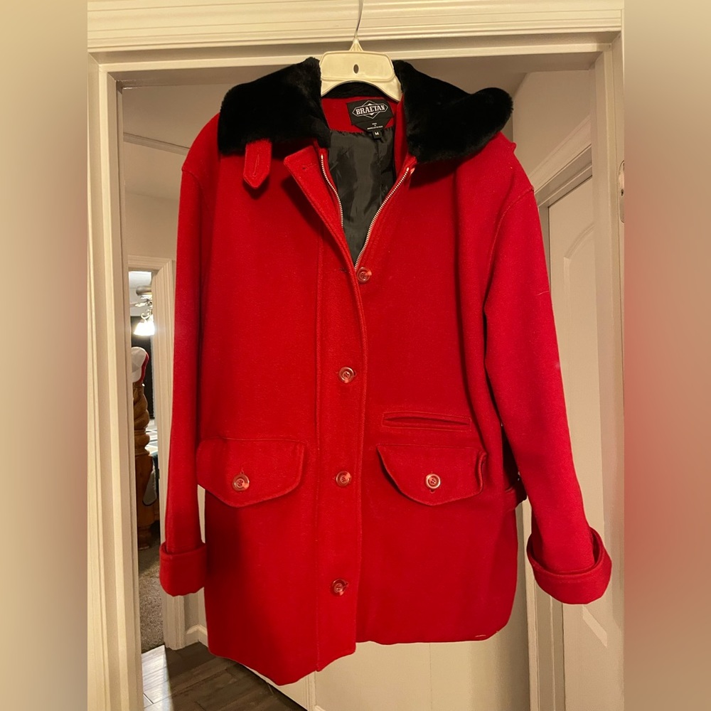 Like new red dress coat with faux black collar